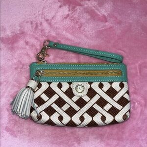 Spartina 449 Madison Linen and Leather Clutch Wristlet Brown Lattice